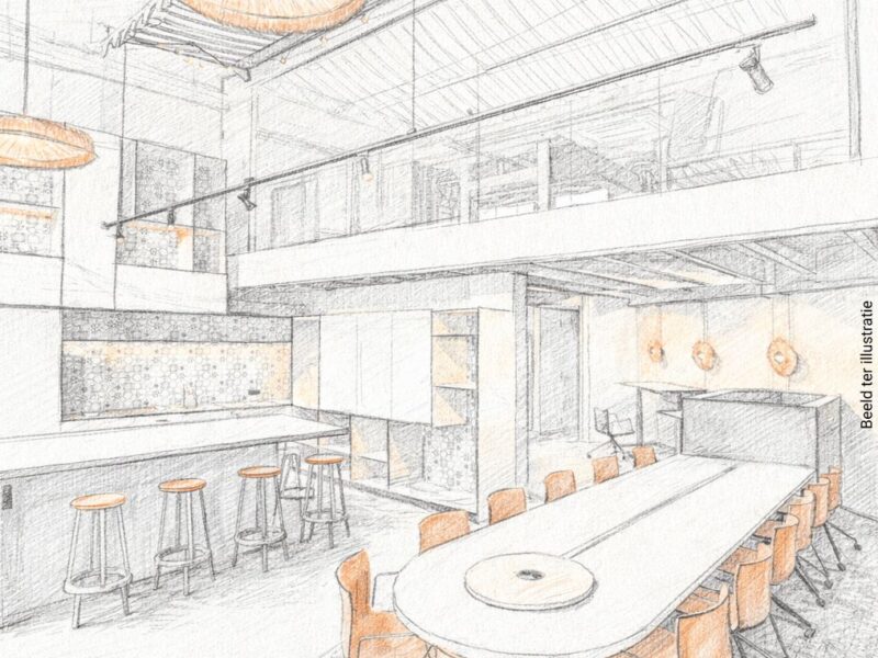 Design & Build interieurconcept schets met open kantoorruimte en multifunctionele werkplek