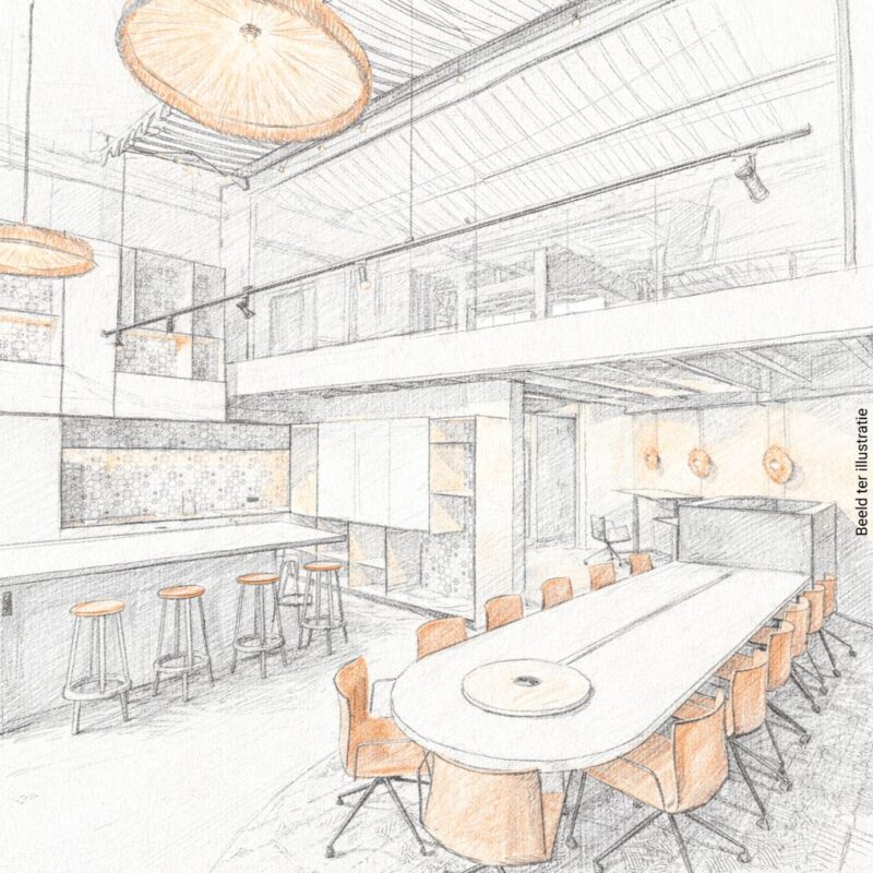 Design & Build interieurconcept schets met open kantoorruimte en multifunctionele werkplek