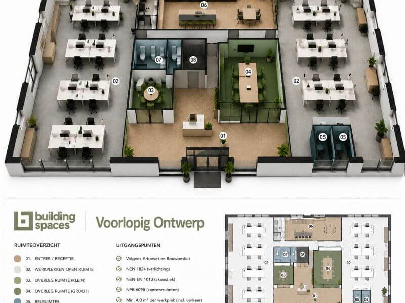 Ontwerp kantoorinrichting met 3D kantoorplattegrond, werkplekken, vergaderruimtes en entreeconcept