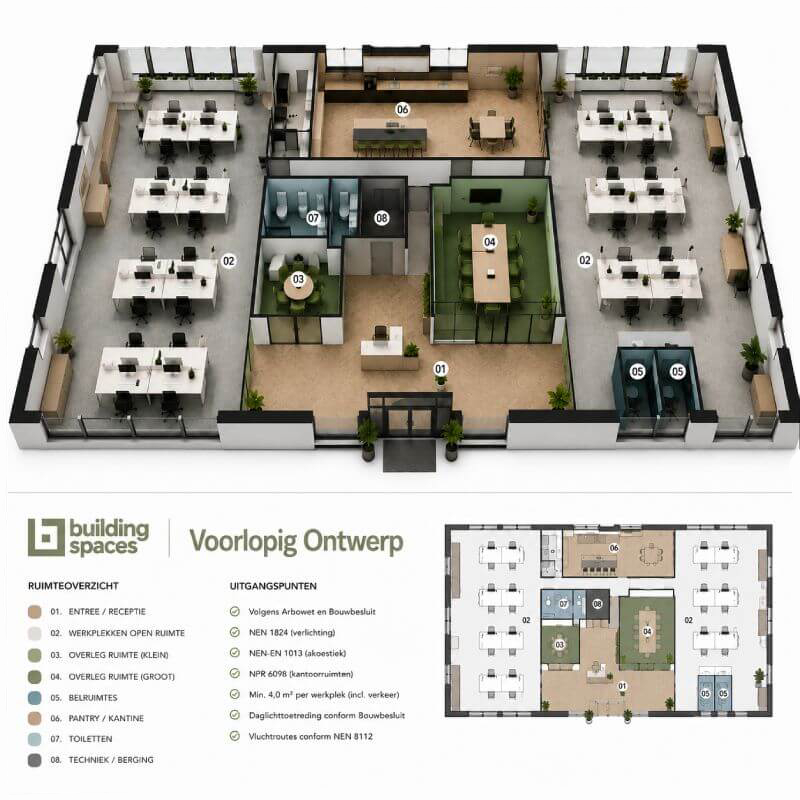 Ontwerp kantoorinrichting met 3D kantoorplattegrond, werkplekken, vergaderruimtes en entreeconcept